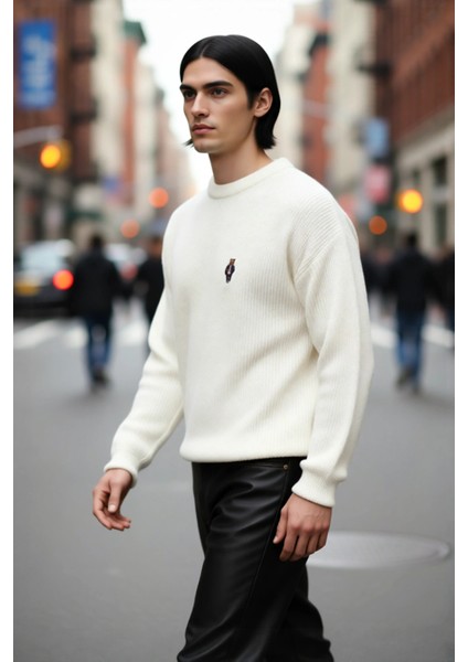 Erkek Oversize Selanik Dokuma Bisiklet Yaka Ayı Nakışlı Kışlık Uzun Kollu Triko Kazak Kaliteli fırsatları