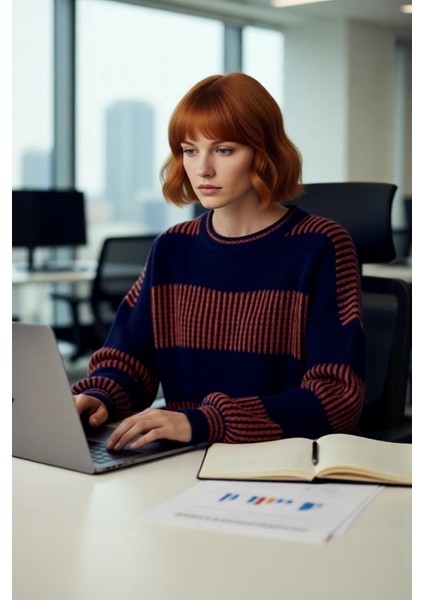 Kadın Basic Siluet Uzun Kollu Oversize Kesim Renk Bloklu Pike Dokuma Triko Kazak Kış Kombinlerinin