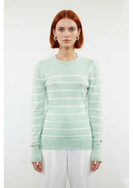 Kadın Modern Ekru Çizgili Bisiklet Yaka Fitted Kesim Triko Kazak Ilkbahar Sonbahar Konforu fiyatları