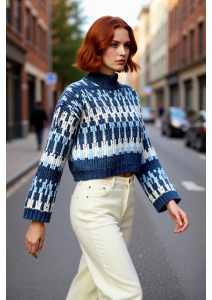 Kadın Oversize Kesim Etnik Desenli Uzun Kollu Crop Triko Kazak Soğuk Günler Için Ideal Kaliteli fırsatları