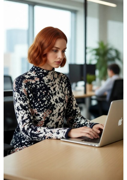 Kadın Oversize Kalıp Dik Yaka Desenli Uzun Kollu Triko Kazak Akrilik Materyal Konforu. Kaliteli