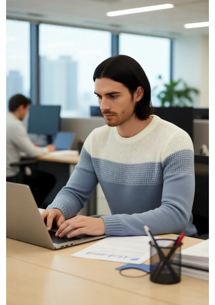 Erkek Rahat Kesim Bisiklet Yaka Renk Bloklu Akrilik Triko Kazak Soğuk Havalar Için Mükemmel