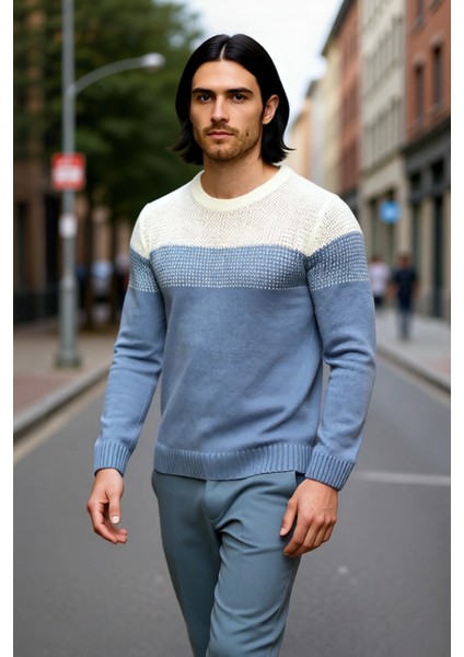 Erkek Rahat Kesim Bisiklet Yaka Renk Bloklu Akrilik Triko Kazak Soğuk Havalar Için Mükemmel fırsatları