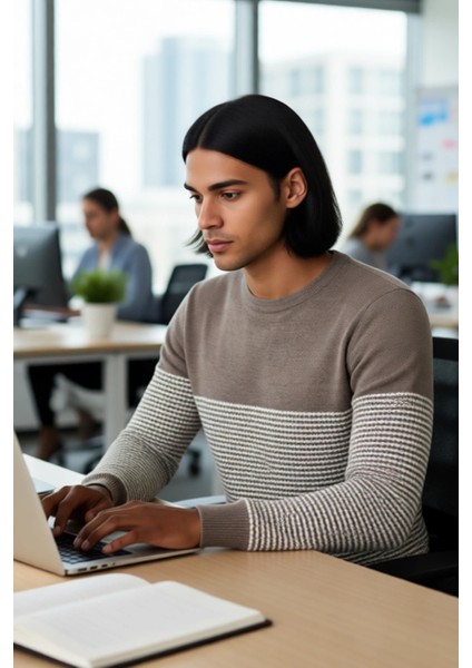 Erkek Uzun Kol Bisiklet Yaka Çizgili Triko Kazak Soğuk Havalarda Şıklık ve Konfor Sunar Kaliteli