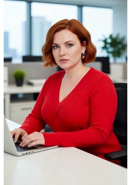 Kadın Şık ve Rahat Fitted Kalıp V Yaka Triko Kazak Düğüm Detaylı Fitilli Akrilik Örgü Kaliteli