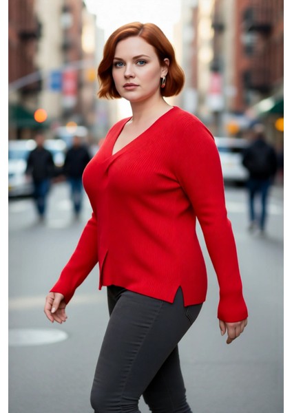 Kadın Şık ve Rahat Fitted Kalıp V Yaka Triko Kazak Düğüm Detaylı Fitilli Akrilik Örgü Kaliteli fırsatları