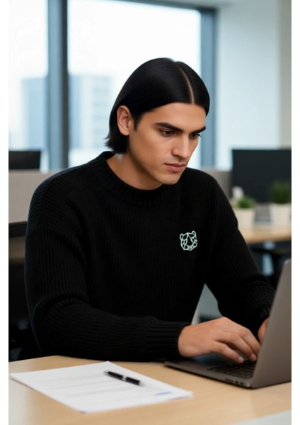 Erkek Triko Oversize Kesim Bisiklet Yaka Sargı Nakışlı Rahat Kazak Soğuk Günlerin Şıklığı Kaliteli