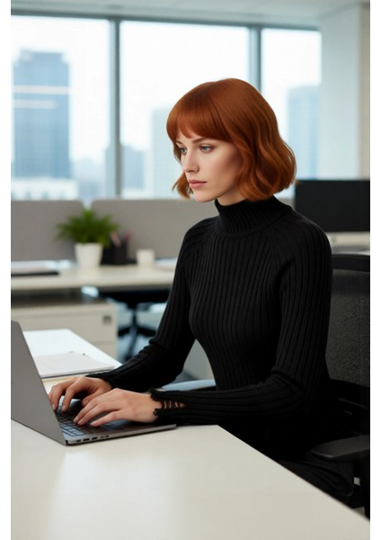 Kadın Şık Fitted Crop Uzun Reglan Kollu Dik Yaka Fitilli Triko Kazak Kış Günleri Için Ideal Model