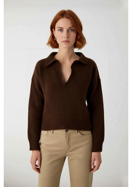 Kadınların Gardırobuna Özel Tek Plaka Triko Kazak Oversize Rahat Polo Yaka Günlük Şıklık Kaliteli fiyatları