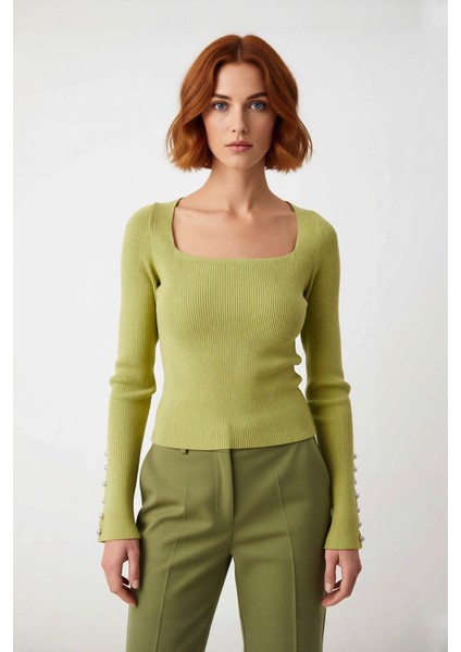 Kadın Uzun Kol Siyah Triko Kazak Fitted Kare Yaka Düğmeli Fitilli Model Ilkbahar Sonbahar Kaliteli fiyatları