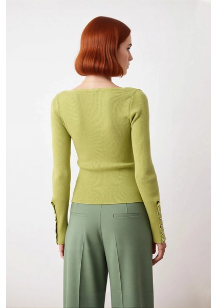 Kadın Uzun Kol Siyah Triko Kazak Fitted Kare Yaka Düğmeli Fitilli Model Ilkbahar Sonbahar Kaliteli modelleri