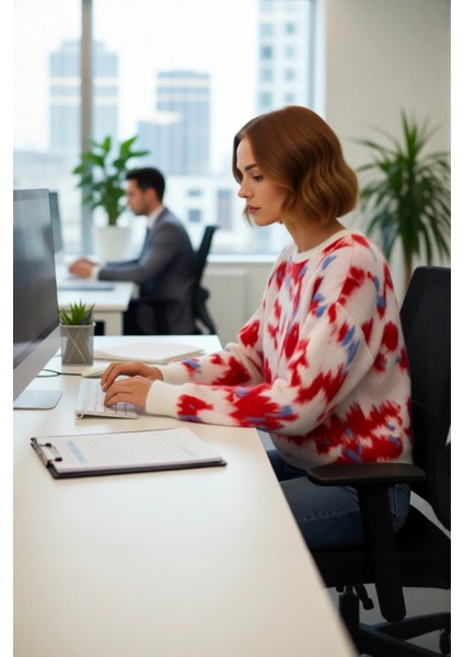 Kadın Basic Bisiklet Yaka Oversize Kalıp Batik Desenli Triko Kazak Kışlık Konfor Sunar Kaliteli