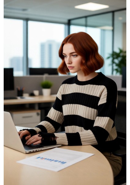 Kadın Modern Bisiklet Yaka Çizgili Akrilik Triko Crop Kazak Akıtma Detaylı Şık Kombinler Kaliteli