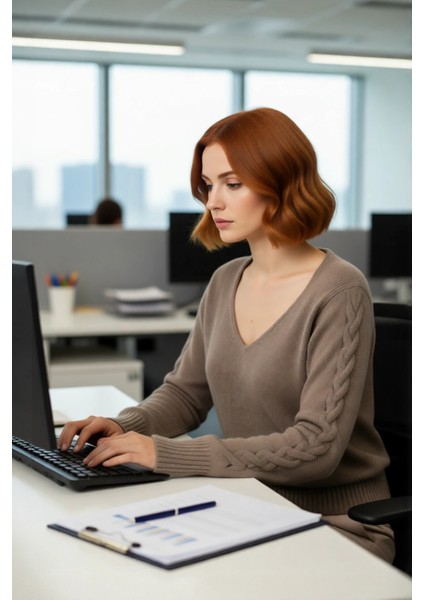 Kadın Basic Siluet Ajurlu Uzun Kollu V Yaka Triko Kazak Casual ve Fashion Forward Görünümler Sunar.