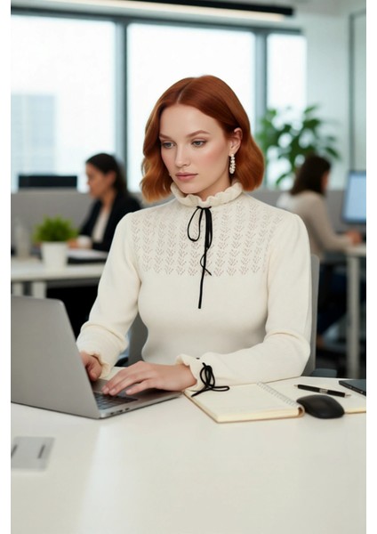 Kadın Casual Regular Kalıp Ajurlu Dik Yaka Bağcıklı Standart Kollu Triko Kazak Soğuk Havalar Için