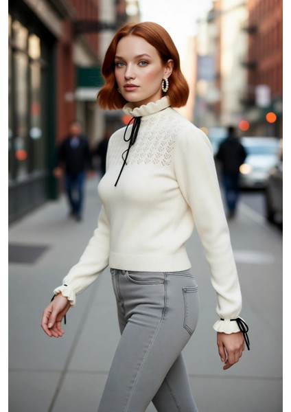 Kadın Casual Regular Kalıp Ajurlu Dik Yaka Bağcıklı Standart Kollu Triko Kazak Soğuk Havalar Için fırsatları