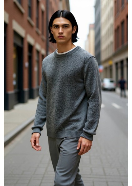 Erkek Regular Kesim Yünlü Bisiklet Yaka Uzun Kollu Bordo Düz Triko Kazak Günlük Kullanım Için fırsatları