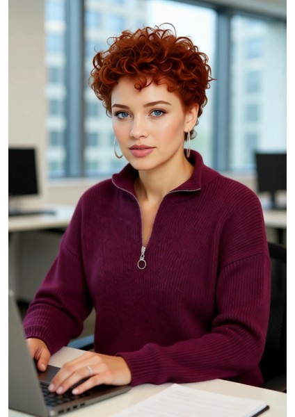 Kadın Oversize Rahat Kesim Düşük Kol Fermuarlı Dik Yaka Triko Selanik Örgü Uzun Kollu Kazak