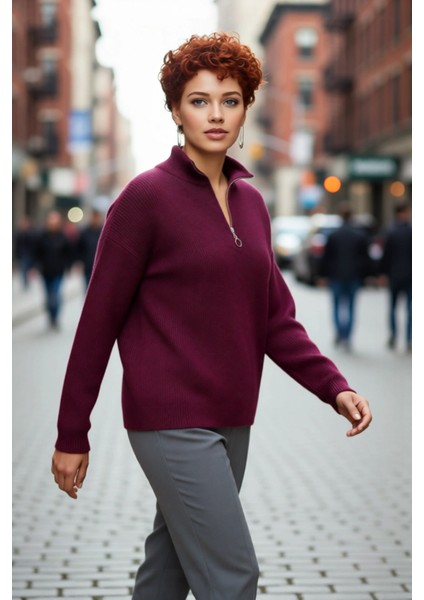 Kadın Oversize Rahat Kesim Düşük Kol Fermuarlı Dik Yaka Triko Selanik Örgü Uzun Kollu Kazak fırsatları