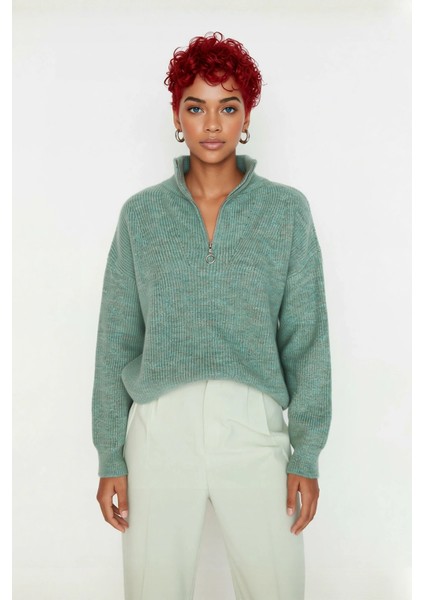 Kadın Oversize Rahat Kesim Düşük Kol Fermuarlı Dik Yaka Triko Selanik Örgü Uzun Kollu Kazak fiyatları