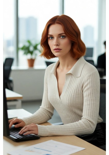 Kadınlar Için Uzun Kollu Regular Fitilli Triko Kazak Polo Yaka Detaylı Kışlık Şık Görünüm Kaliteli