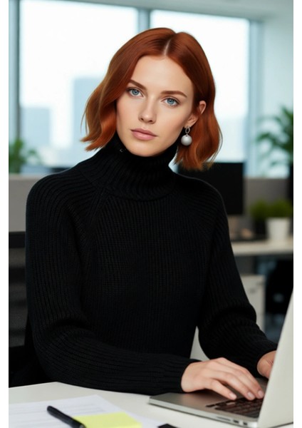 Modern Kadın Oversize Fit Dik Yaka Fermuar Detaylı Düz Reglan Kol Triko Kazak Günlük Stil Için