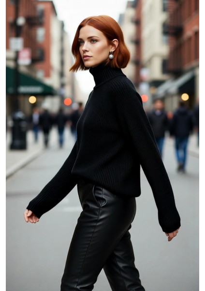 Modern Kadın Oversize Fit Dik Yaka Fermuar Detaylı Düz Reglan Kol Triko Kazak Günlük Stil Için fırsatları