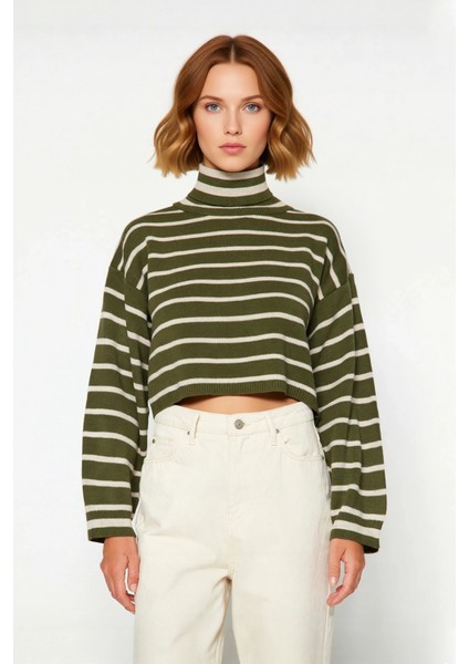 Kadın Balıkçı Yaka Haki Çizgili Crop Triko Kazak Orta Kalınlıkta Uzun Düşük Kol Basic Stil fiyatları