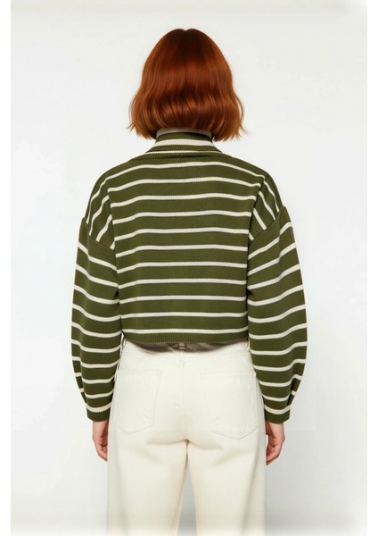 Kadın Balıkçı Yaka Haki Çizgili Crop Triko Kazak Orta Kalınlıkta Uzun Düşük Kol Basic Stil modelleri