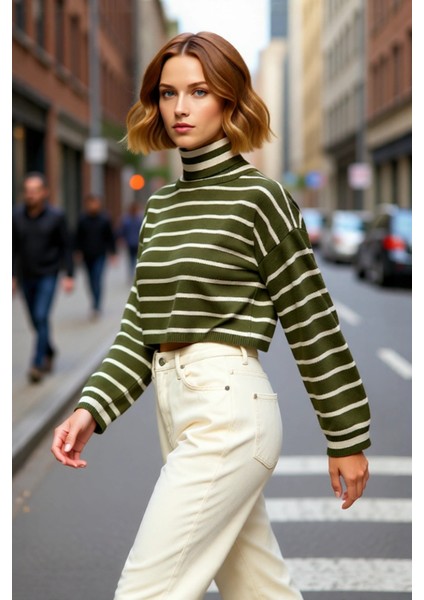 Kadın Balıkçı Yaka Haki Çizgili Crop Triko Kazak Orta Kalınlıkta Uzun Düşük Kol Basic Stil fırsatları