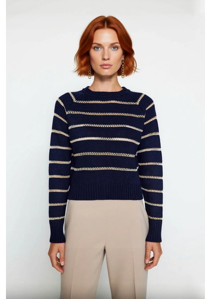 Kadın Oversize Reglan Kol Lacivert Çizgili Triko Kazak Modası Kış Mevsimine Özel Şıklık Kaliteli fiyatları