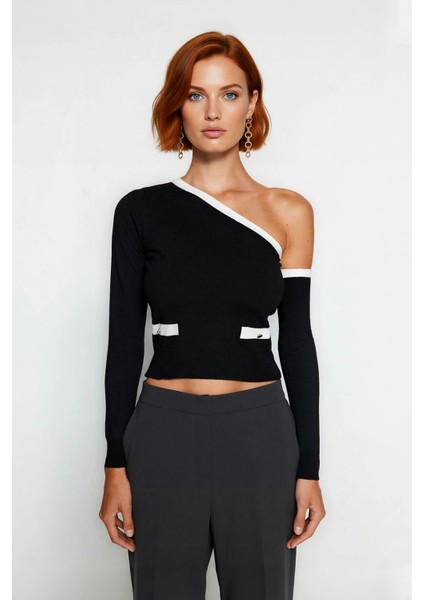 Kadın Modern Renk Bloklu Asimetrik Yaka Fitted Crop Uzun Kollu Triko Kazak Ilkbahar Sonbahar fiyatları