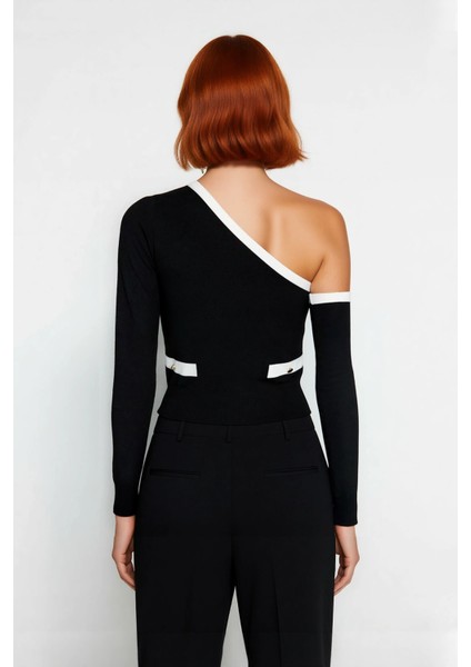 Kadın Modern Renk Bloklu Asimetrik Yaka Fitted Crop Uzun Kollu Triko Kazak Ilkbahar Sonbahar modelleri