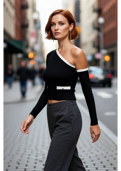 Kadın Modern Renk Bloklu Asimetrik Yaka Fitted Crop Uzun Kollu Triko Kazak Ilkbahar Sonbahar fırsatları