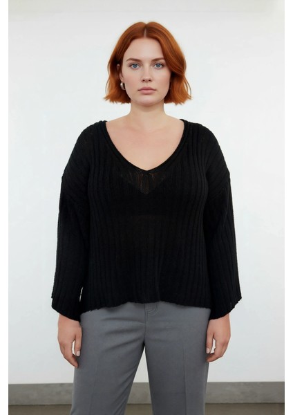 Kadın Rahat Düşük Kol V Yaka Triko Kazak Şık Düz Fitilli Regular Kalıp Ilkbahar Sonbahar Kombini fiyatları