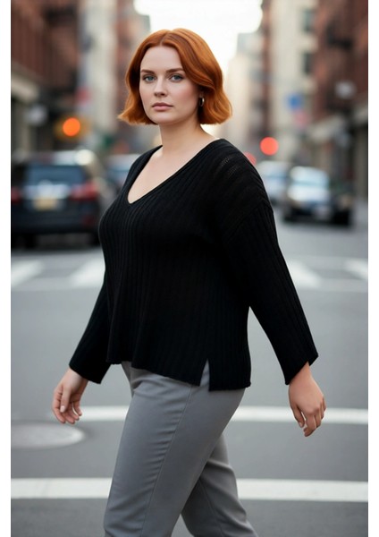 Kadın Rahat Düşük Kol V Yaka Triko Kazak Şık Düz Fitilli Regular Kalıp Ilkbahar Sonbahar Kombini fırsatları