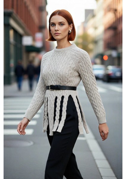 Kadın Regular Kalıp Bisiklet Yaka Saç Örgü Dokulu Altı Özel Kesim Uzun Kollu Triko Kazak Kışa fırsatları