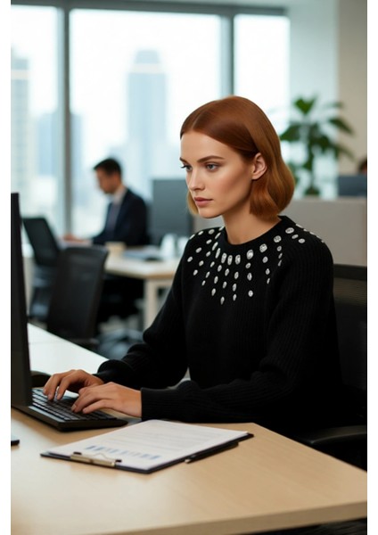 Kadın Regular Kalıp Yumuşak Dokulu Bisiklet Yaka Taş Detaylı Triko Kazak Kış Sezonu Için Modern