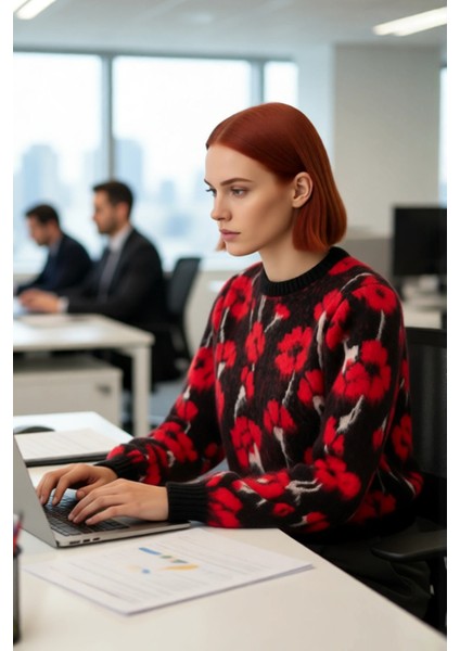 Kadın Kalın Çiçekli Triko Kazak Regular Kesim Bisiklet Yaka Düşük Kol Günlük Kombinler Için Şık