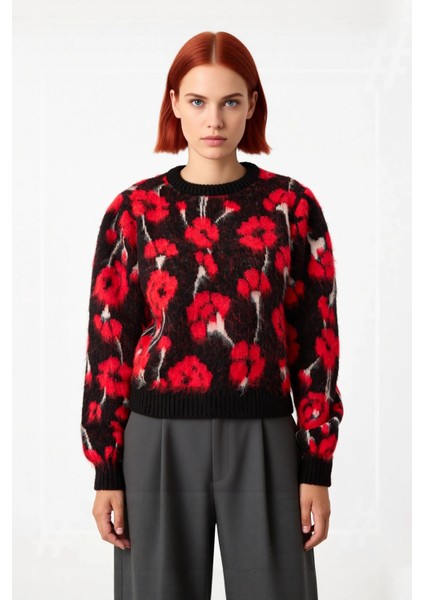 Kadın Kalın Çiçekli Triko Kazak Regular Kesim Bisiklet Yaka Düşük Kol Günlük Kombinler Için Şık fiyatları