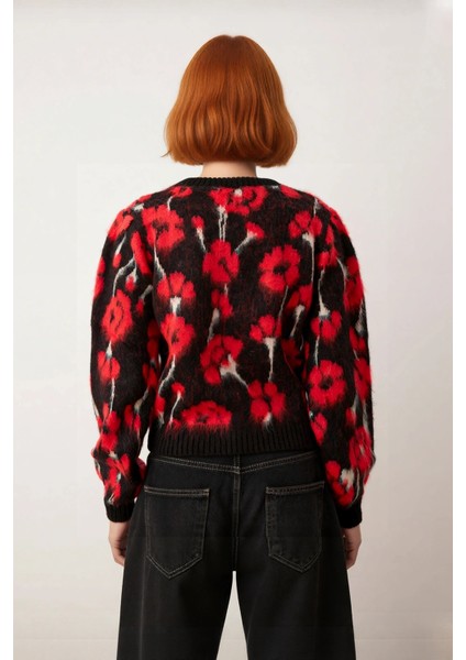 Kadın Kalın Çiçekli Triko Kazak Regular Kesim Bisiklet Yaka Düşük Kol Günlük Kombinler Için Şık modelleri