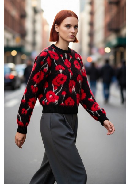 Kadın Kalın Çiçekli Triko Kazak Regular Kesim Bisiklet Yaka Düşük Kol Günlük Kombinler Için Şık fırsatları