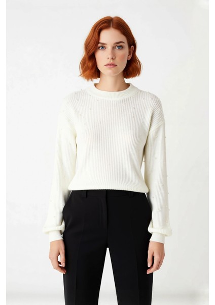 Kadın Basic Siluet Inci Detaylı Bisiklet Yaka Triko Kazak Düşük Kol Rahat Giyim Stili Kaliteli fiyatları