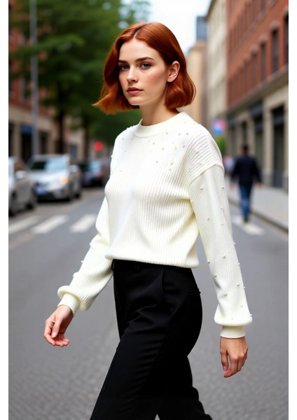 Kadın Basic Siluet Inci Detaylı Bisiklet Yaka Triko Kazak Düşük Kol Rahat Giyim Stili Kaliteli fırsatları