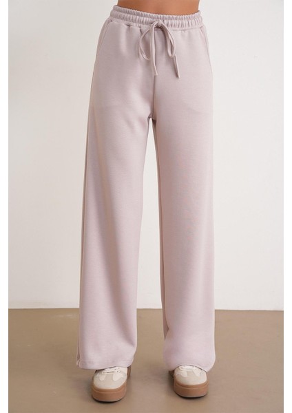 2026 Kadın Fular Detaylı Modal Alt Üst Eşofman Takım Bej