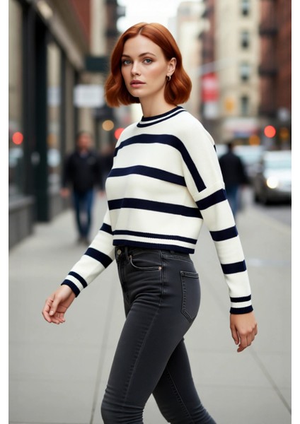 Kadın Uzun Kollu Bisiklet Yaka Çizgili Crop Triko Kazak Casual Tarz Gündelik Kombin Kaliteli fırsatları