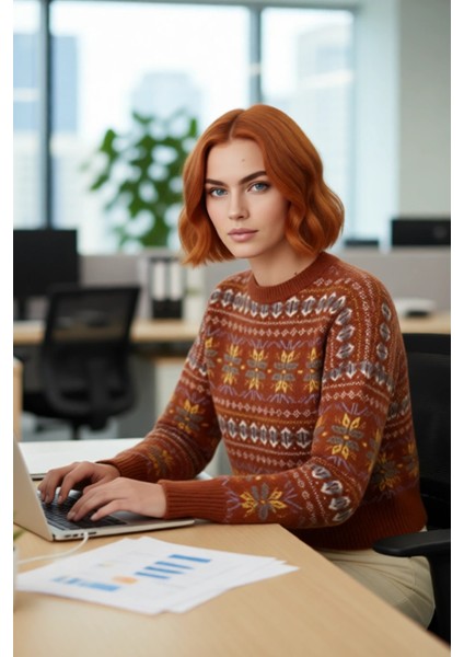 Kadın Oversize Bisiklet Yaka Etnik Desen Triko Kazak Düşük Kol Detayıyla Şık Kış Kombinleri