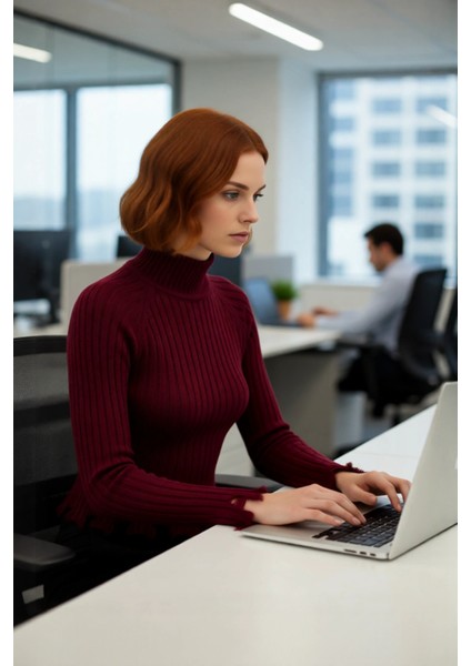 Kadın Şık Fitted Crop Uzun Reglan Kollu Dik Yaka Fitilli Triko Kazak Kış Günleri Için Ideal Model