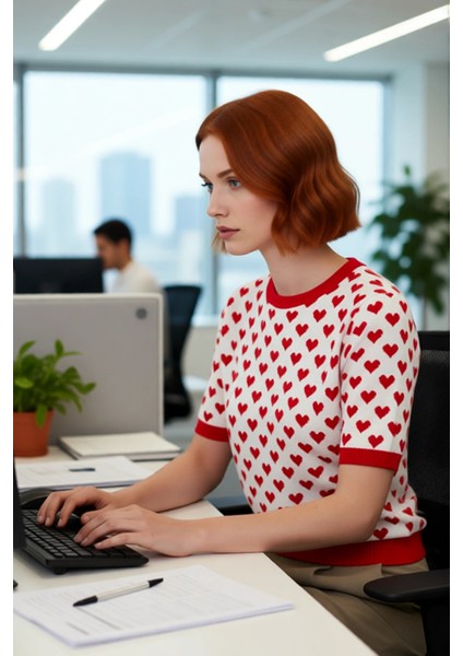 Kadın Günlük Giyim Için Sevimli Kalp Desenli Regular Fit Akrilik Bisiklet Yaka Triko Bluz Kaliteli