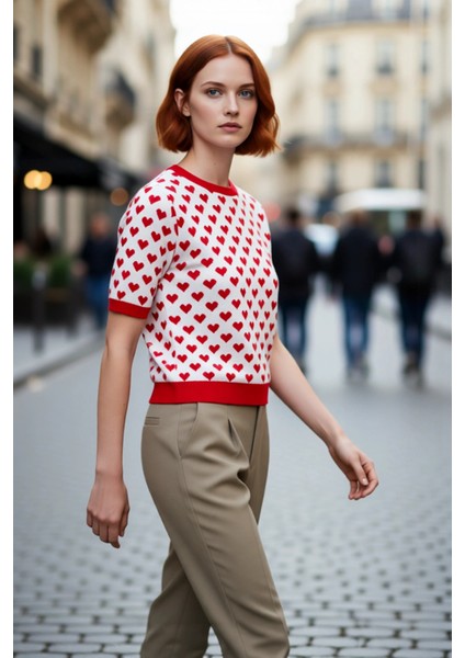 Kadın Günlük Giyim Için Sevimli Kalp Desenli Regular Fit Akrilik Bisiklet Yaka Triko Bluz Kaliteli fırsatları